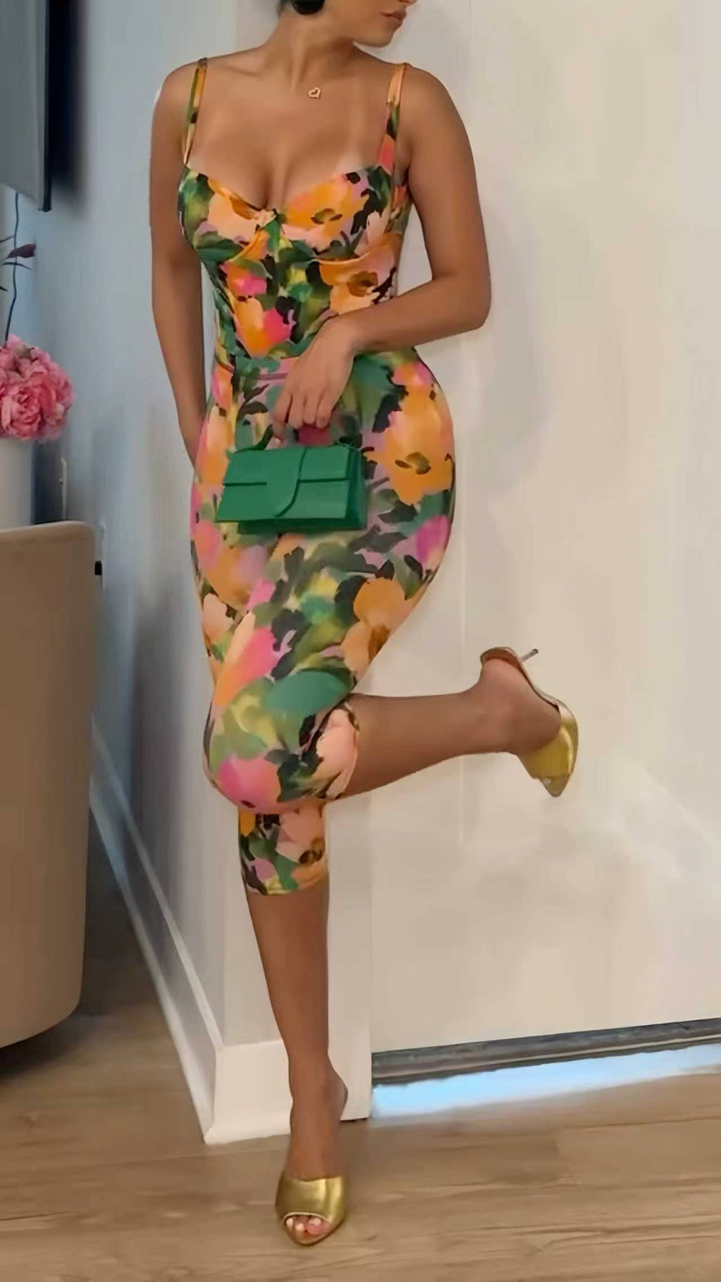 Watercolor Floral Printed Spaghetti Strap Bodycon Capri Jumpsuit