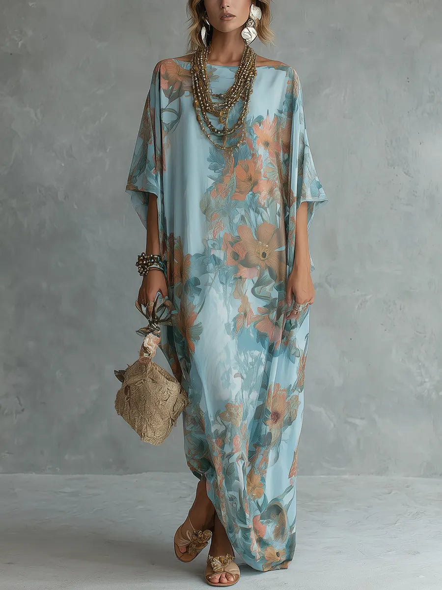 Bohemian Sky Blue Floral Print Loose Long Dress