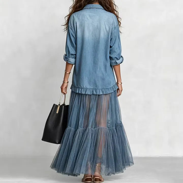 Denim Sheer Tulle Layered Maxi Dress