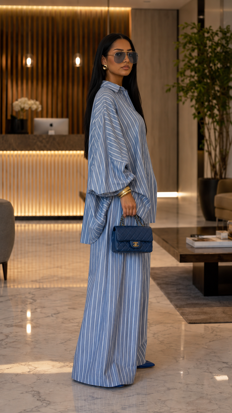 Vertical Stripe Oversized Shirt & Wide-Leg Pant Two-Piece
