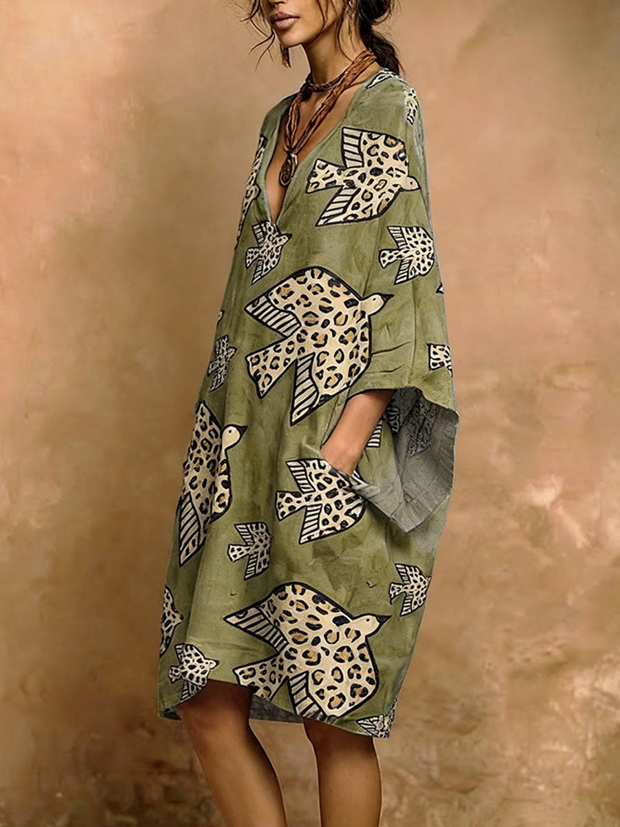 Women's Leopard Print V-neck Pocket Dress