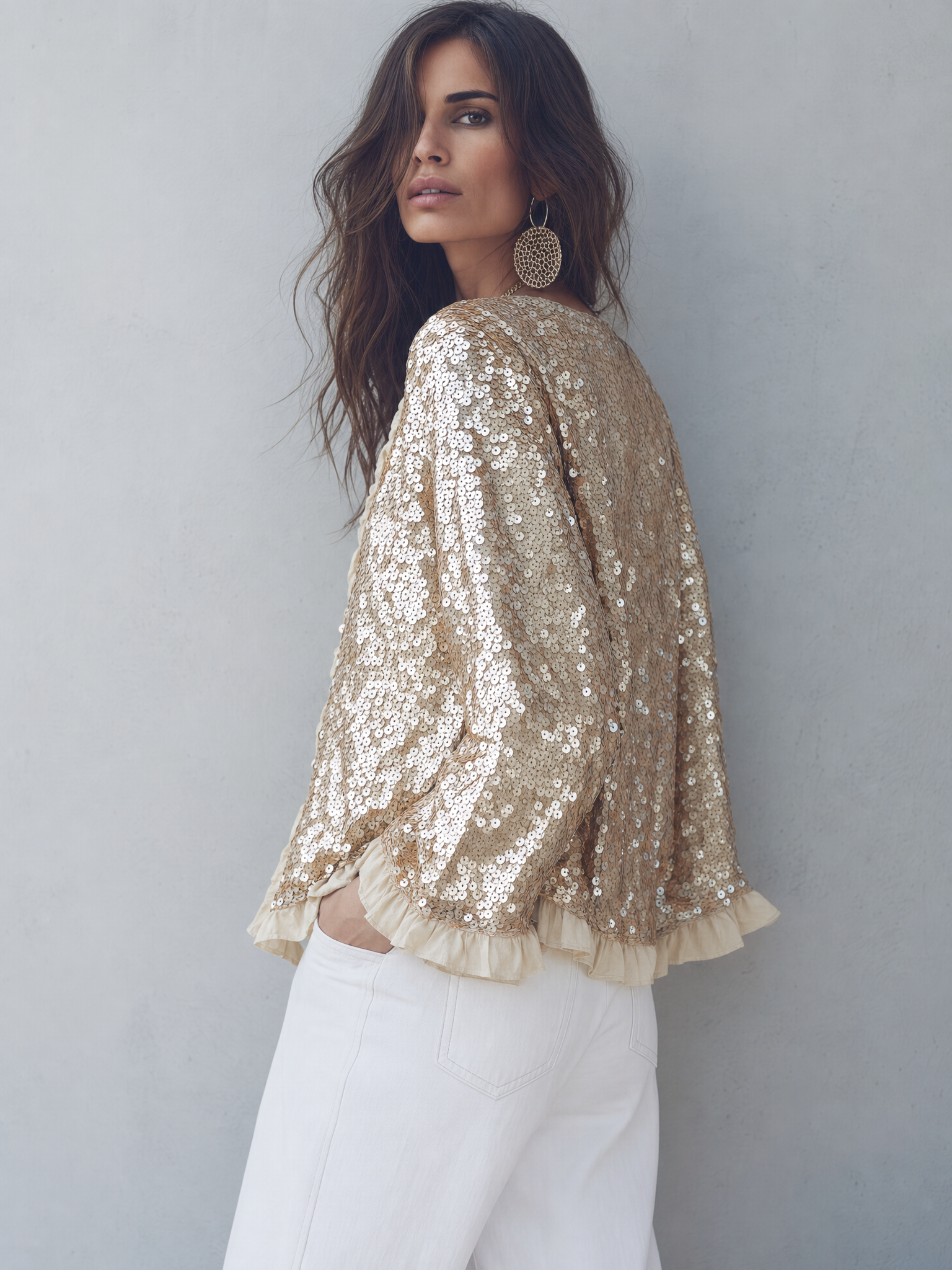Elegant Champagne Sequin Ruffle Tie-Front Blouse