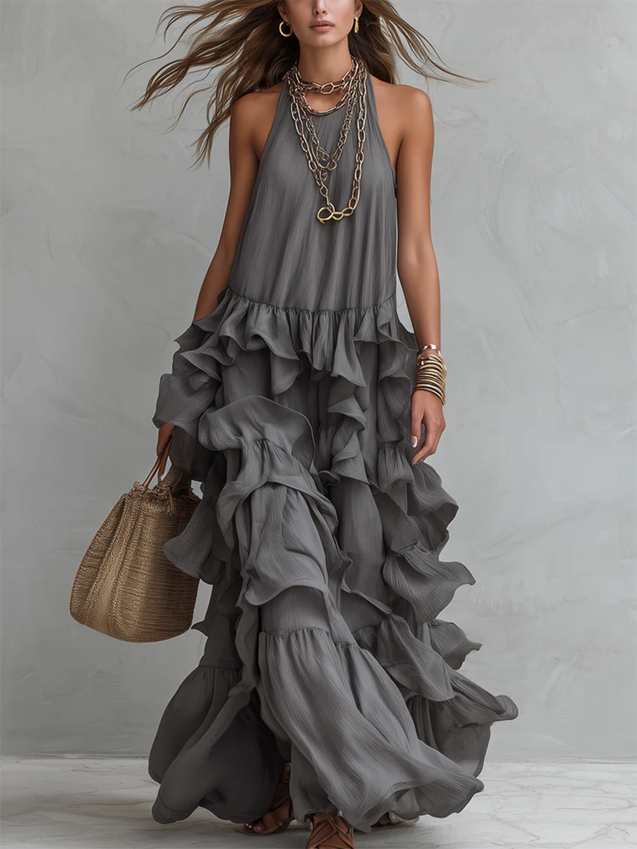 Retro Romantic Multi-layer Ruffle Maxi Dress