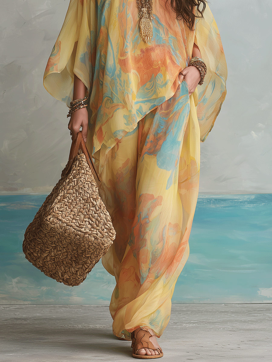 Bohemian Sunset Bloom Resort Maxi Kaftan Top And Pant Set