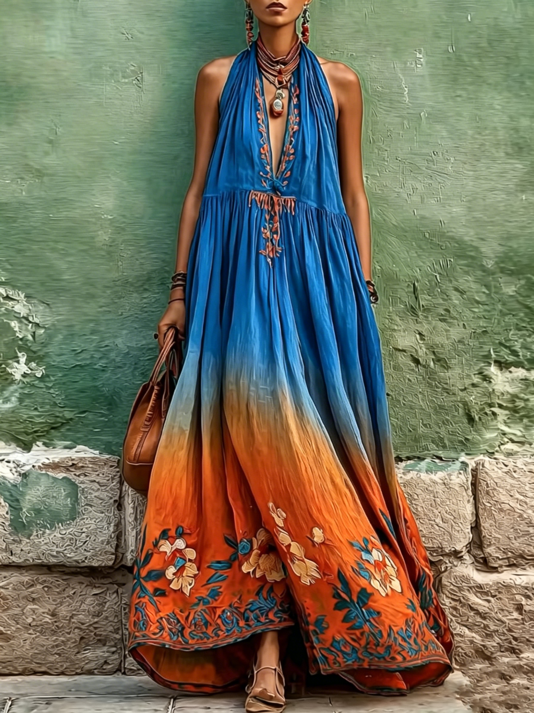Ombre Tie-dye Halter Neck Embroidered Linen-cotton Maxi Dress