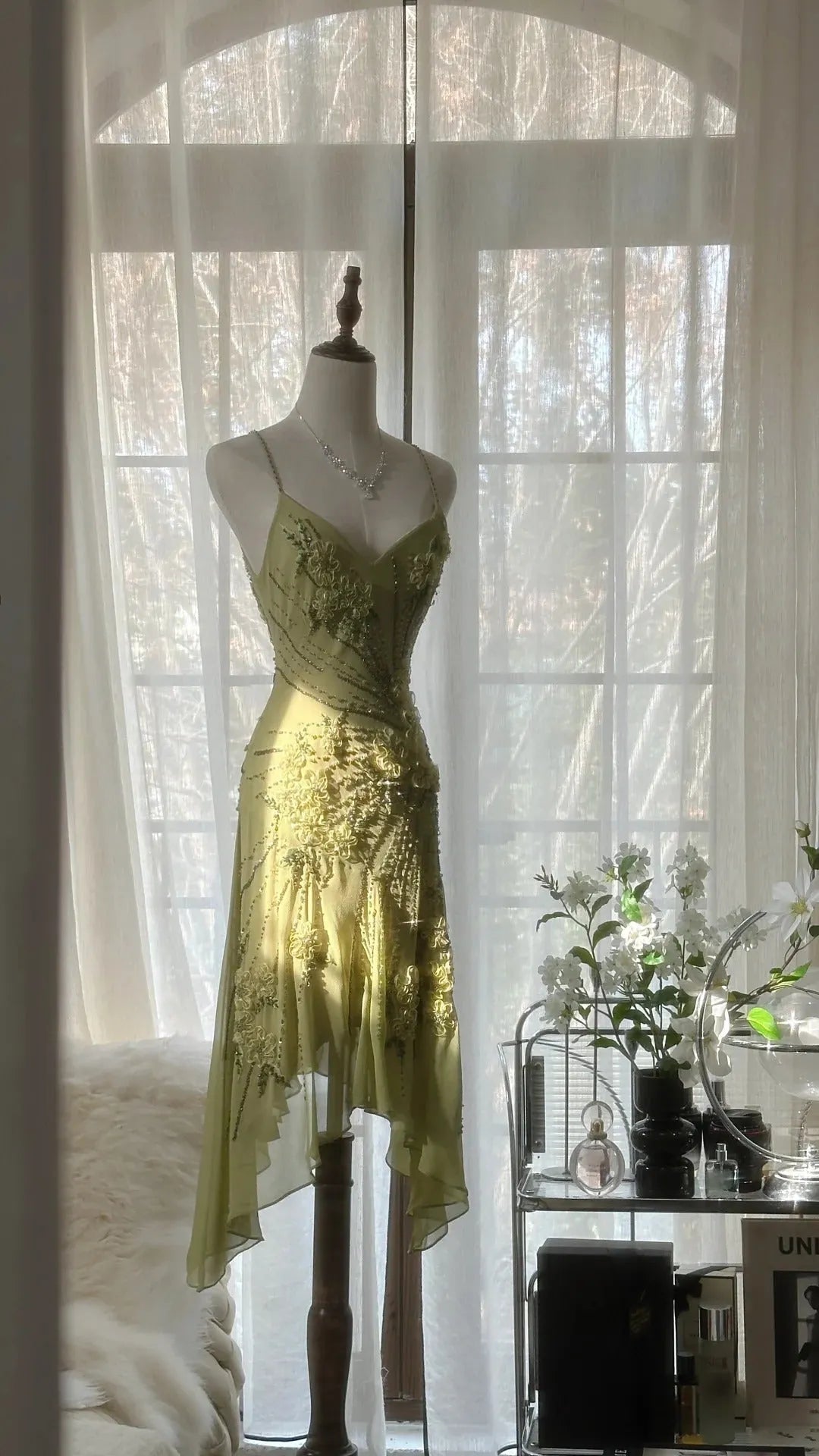 Green Romantic Fashion Elegant Delicate Floral Appliqu ̈¦ Beaded Spaetti Straps Midi/Short Chiffon Ruffle Ball Gown Evening Gown Party Gown 4060