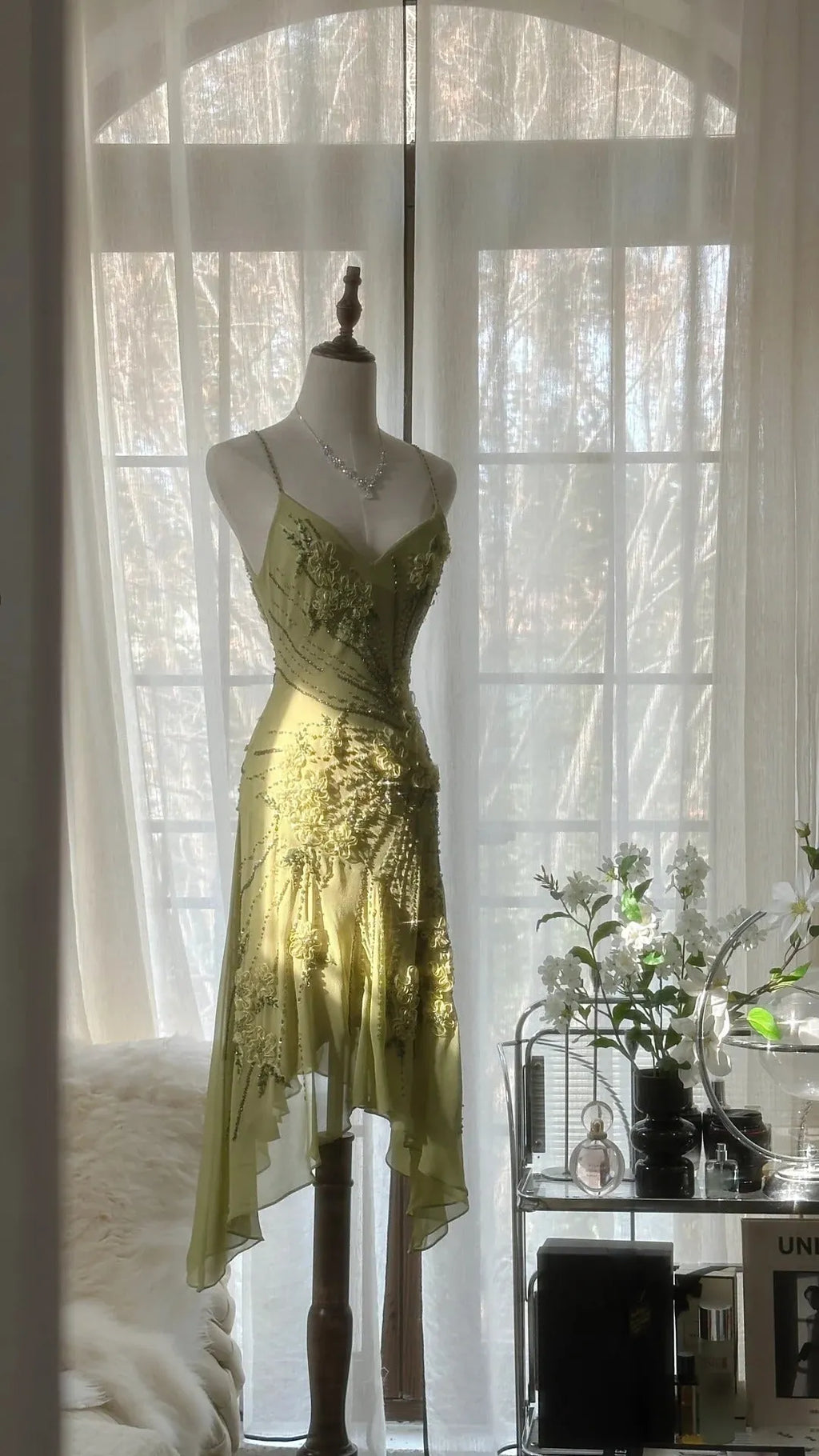 Green Romantic Fashion Elegant Delicate Floral Appliqu ̈¦ Beaded Spaetti Straps Midi/Short Chiffon Ruffle Ball Gown Evening Gown Party Gown 4060