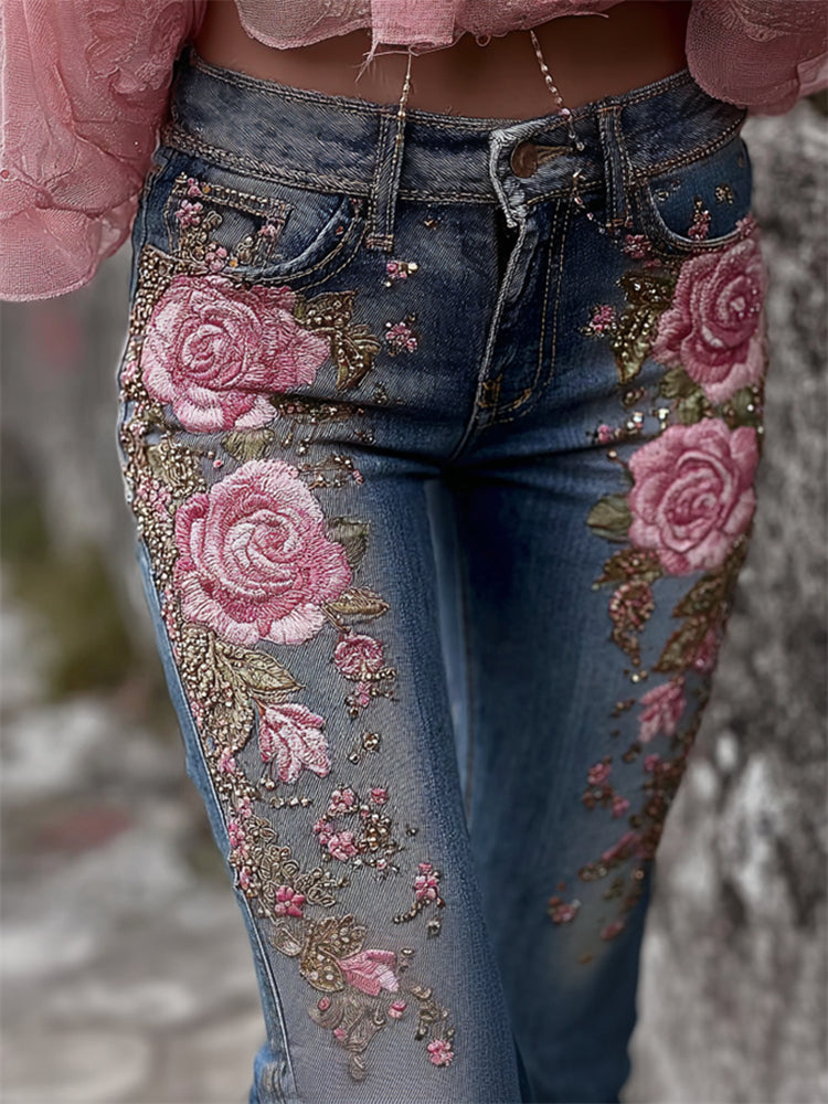 Vintage Pink Roses Glitter Embroidered Washed Skinny Jeans