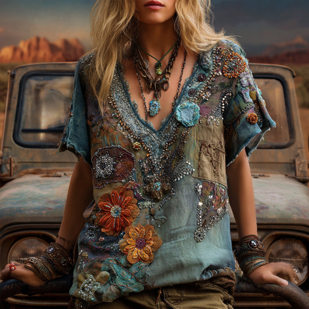 Western-style Swaying Silesian Flower V-neck Short-sleeved Top