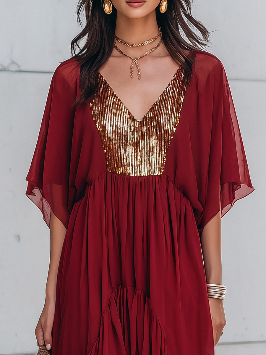 Elegant Burgundy Sequin Panel Ruffled Maxi Dress