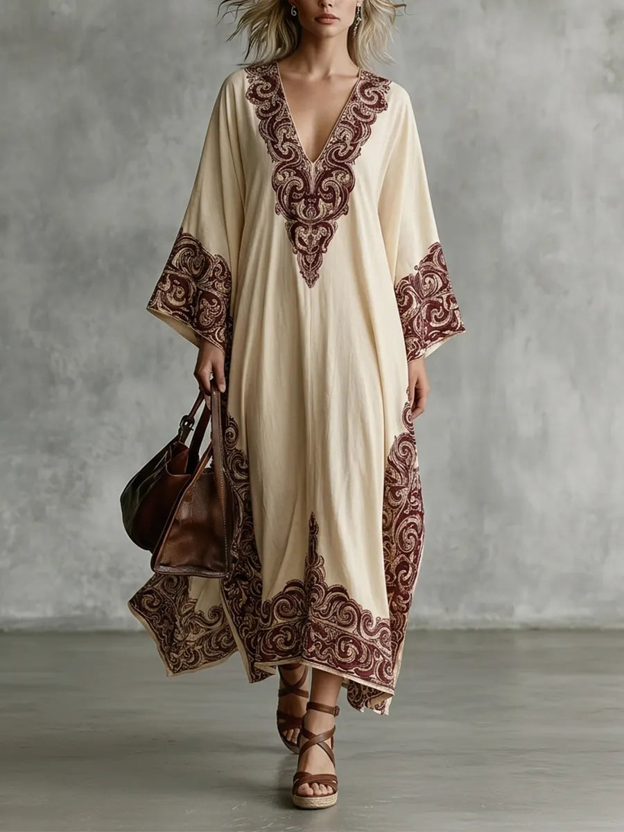 Mediterranean Luxe Paisley Border Caftan Midi Dress