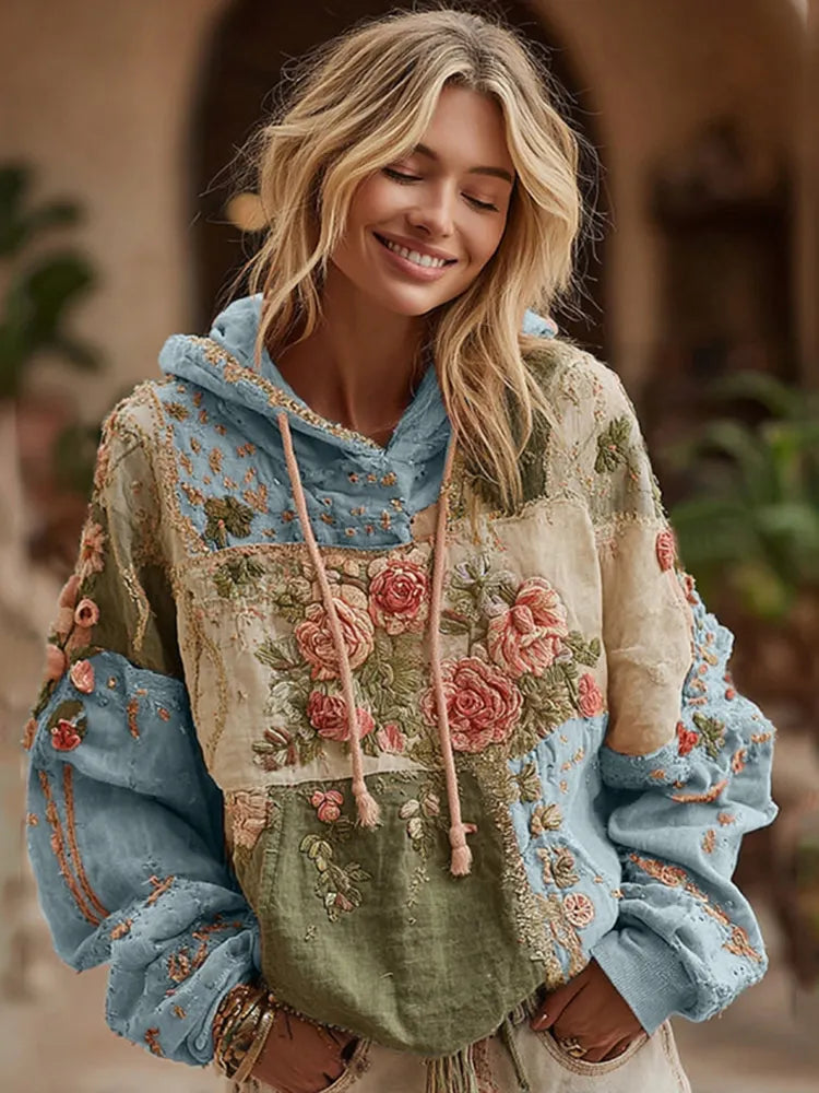Women's Rose Embroidery Patchwork Art Hooded Sweatshirt