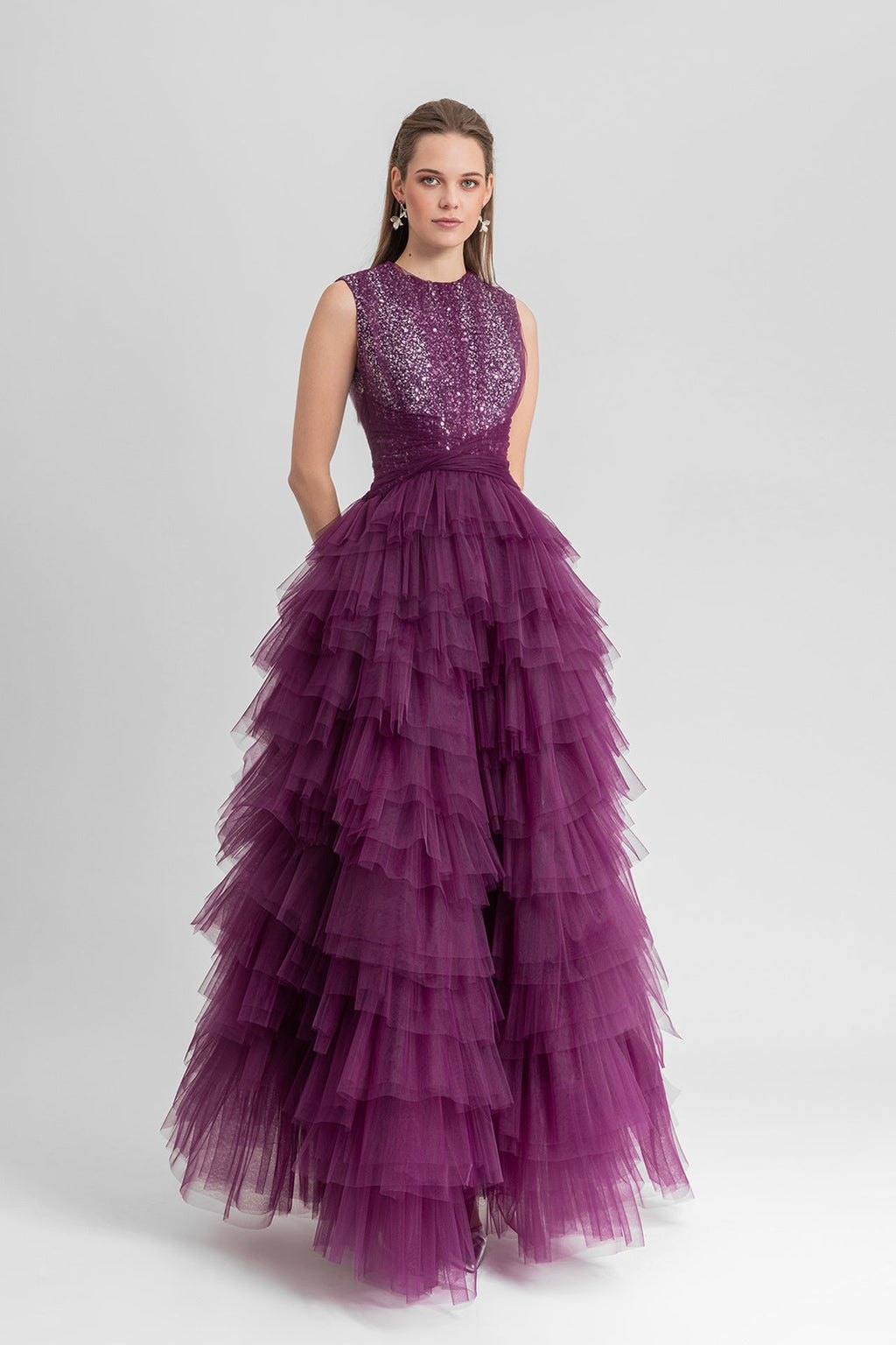 Beaded bodice pleated tulle dress
