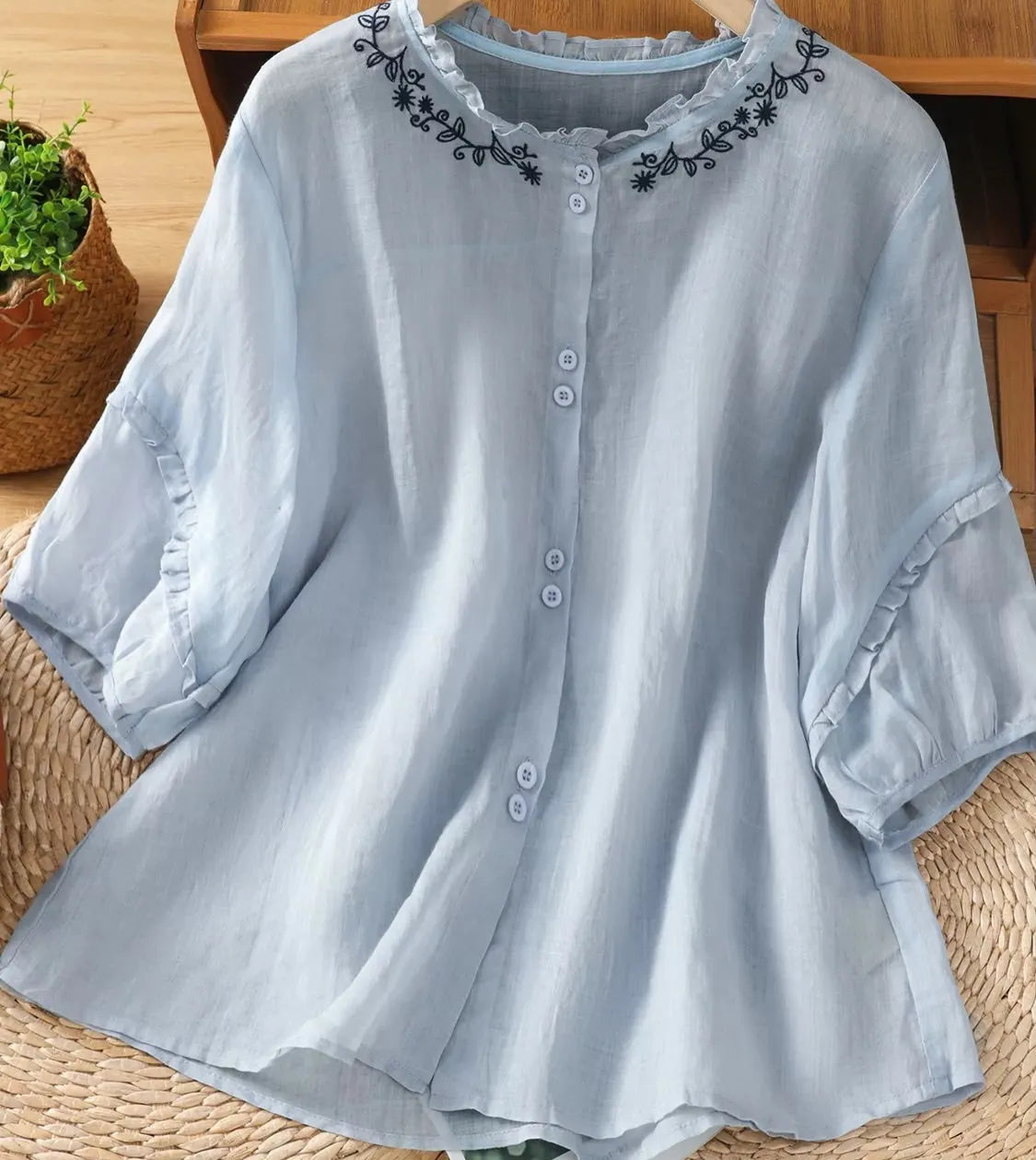 Cotton-linen Shirt With Ruffled Trim, Embroidery, Stand Collar, And Half Sleeves