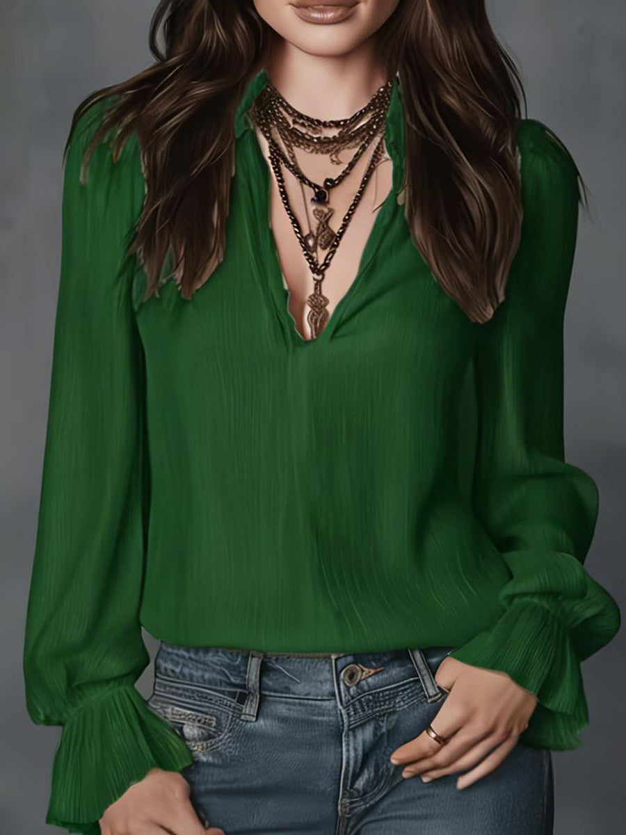 Elegant V-Neck Puff Sleeve Blouse - High-End Crinkled Texture Work Shirt for Professional Women