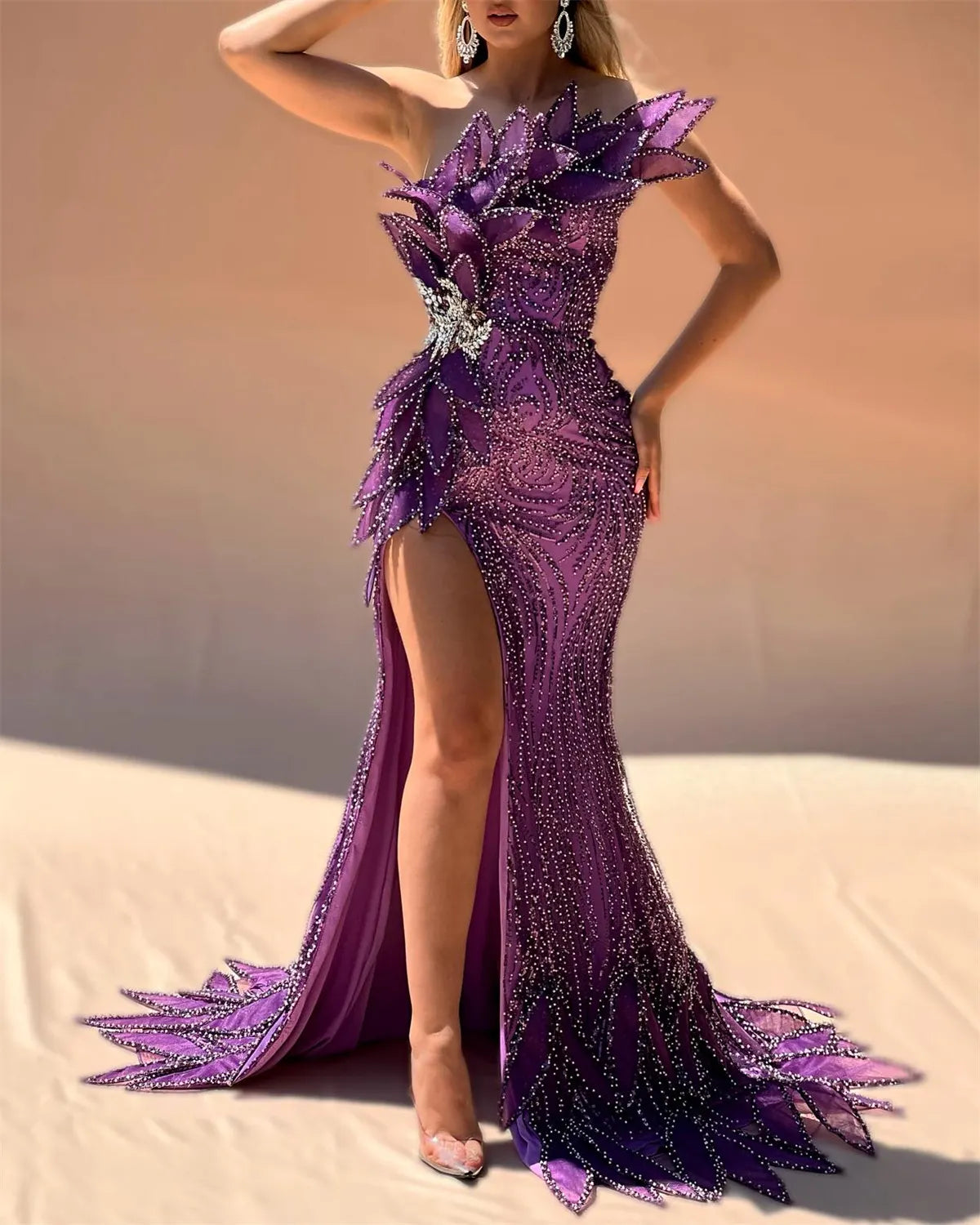 Women's Purple Slit Sequin Dress