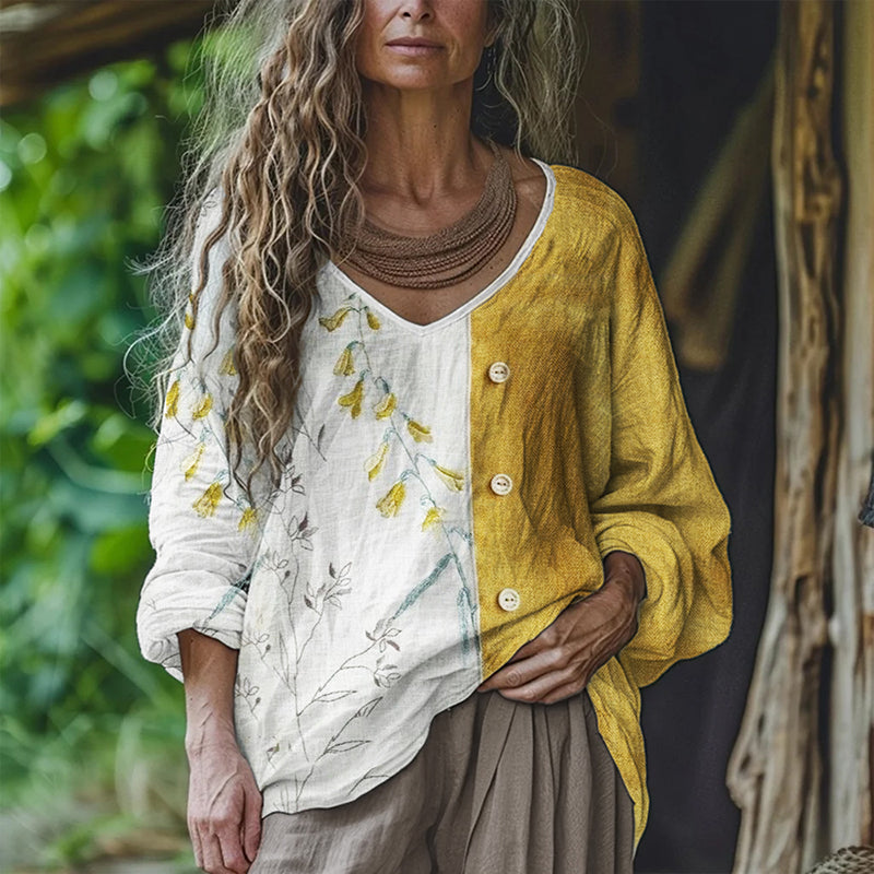 Cottage Floral Contrast Color Patchwork Linen Tunic