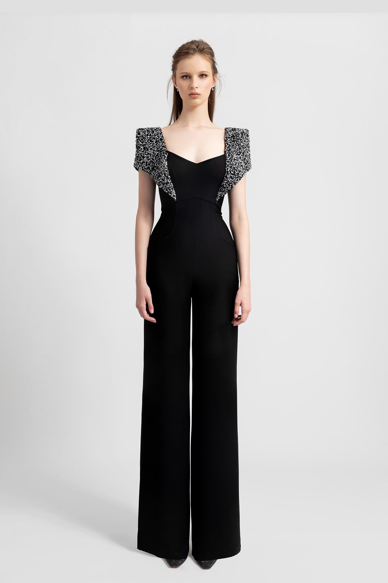 Beaded shoulders crepe jumpsuit