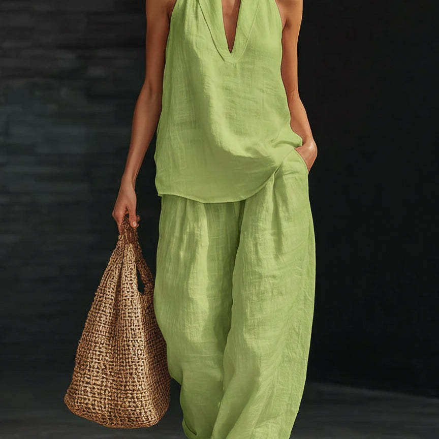 Boho Linen-Look Halter Set - Sleeveless V-Neck Top & Flowy Wide-Leg Pants Two-Piece Suite