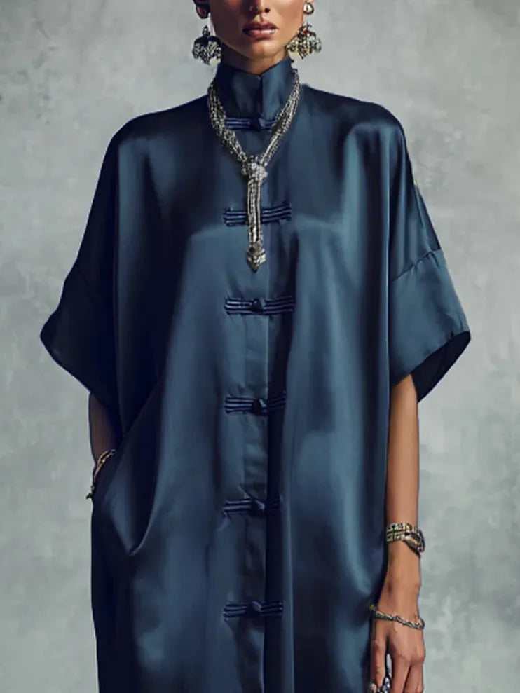 Navy Blue Stand-up Collar Button-down Maxi Dress