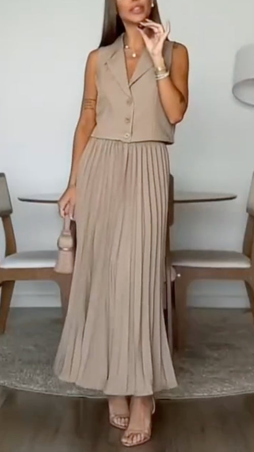 Beige Sleeveless Blazer Vest Pleated Maxi Skirt Set