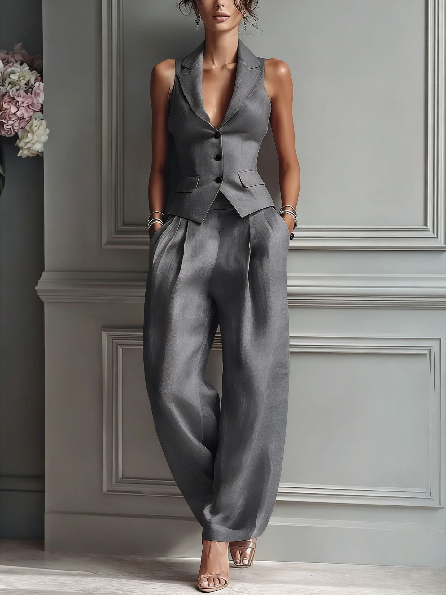 Women's Elegant Tailored Vest & Wide-Leg Pants Set - 2 Piece Chic Power Suit for Office & Leisure