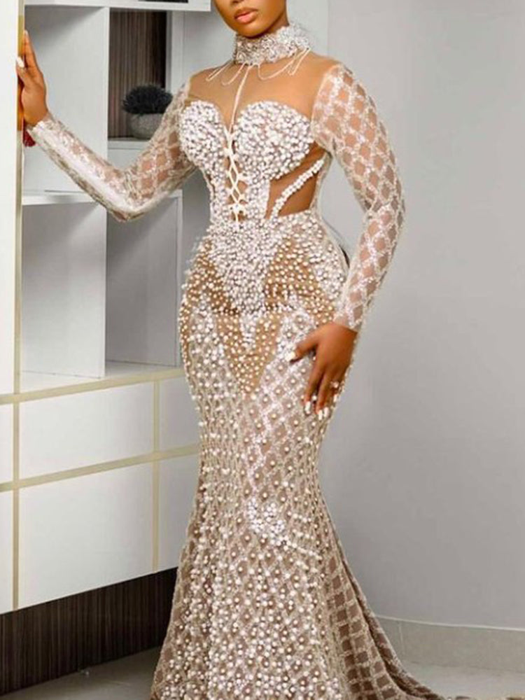 Stand Collar Belly-Hollow Beaded Wrap Long Sleeve Wedding Maxi Dress
