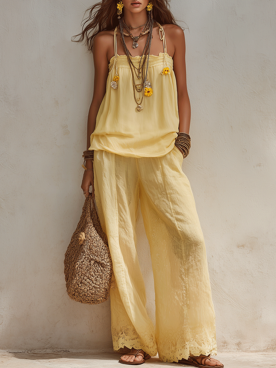 Bohemian Lace Hem Resort Butter Yellow Pant Set