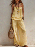 Bohemian Lace Hem Resort Butter Yellow Pant Set