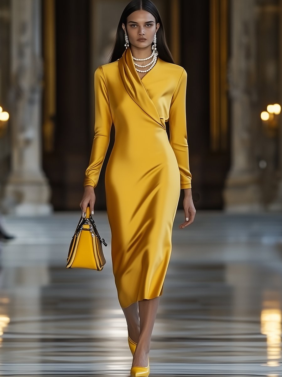 [24-hour shipping out]Fashion Vintage Gold Satin Long Sleeve Midi Dress
