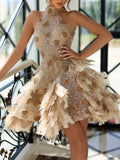 Evening Floral Printed Ruffled Sequined Feathers A-Line Mini Dresses