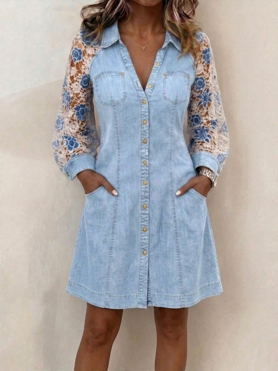 Women's Casual Loose Denim-paneled Dress With Shirt Collar And Long Sleeves