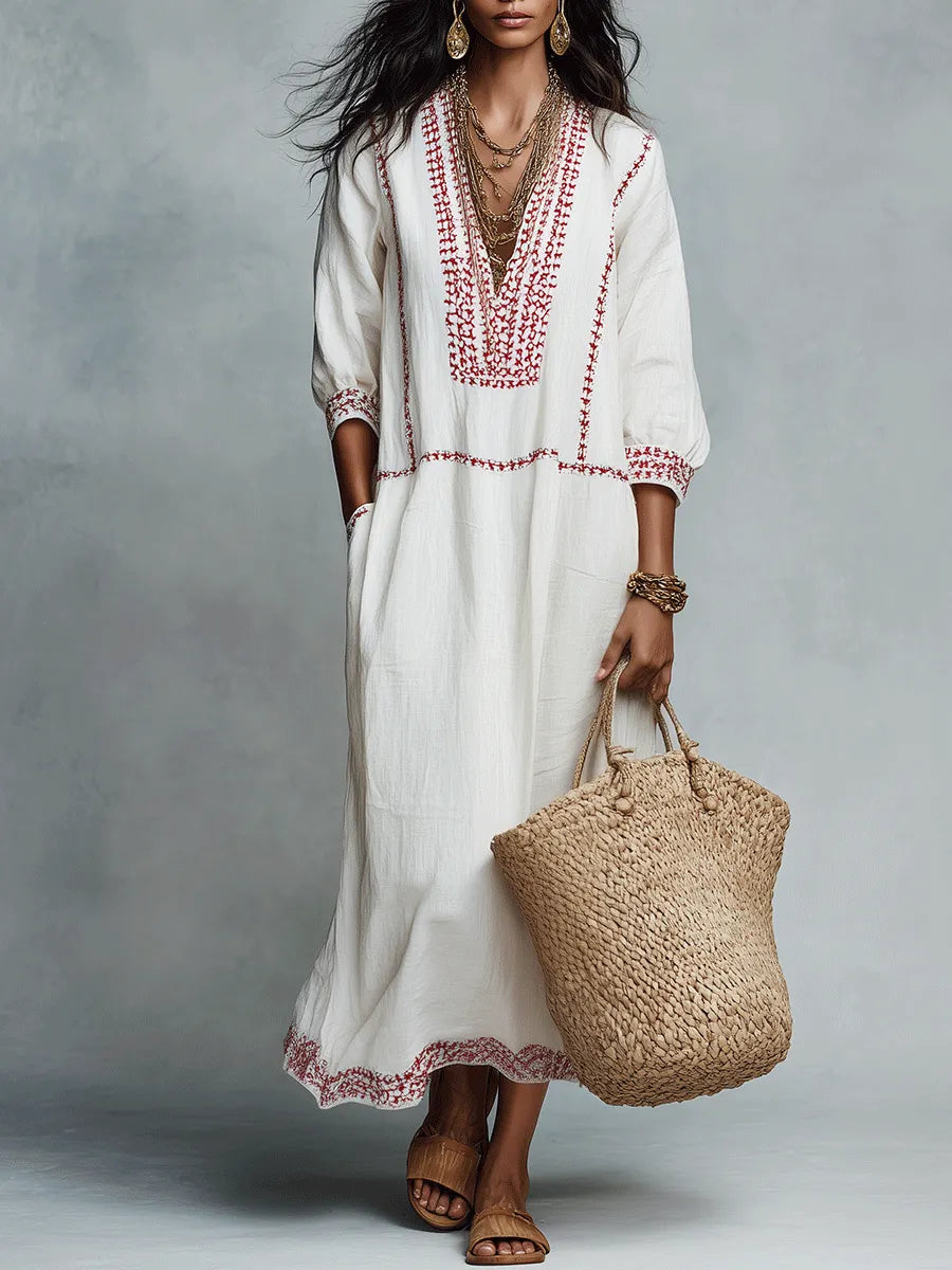 Ethnic Folk Cotton-Linen Embroidered V-Neck Ivory Kaftan Maxi Dress
