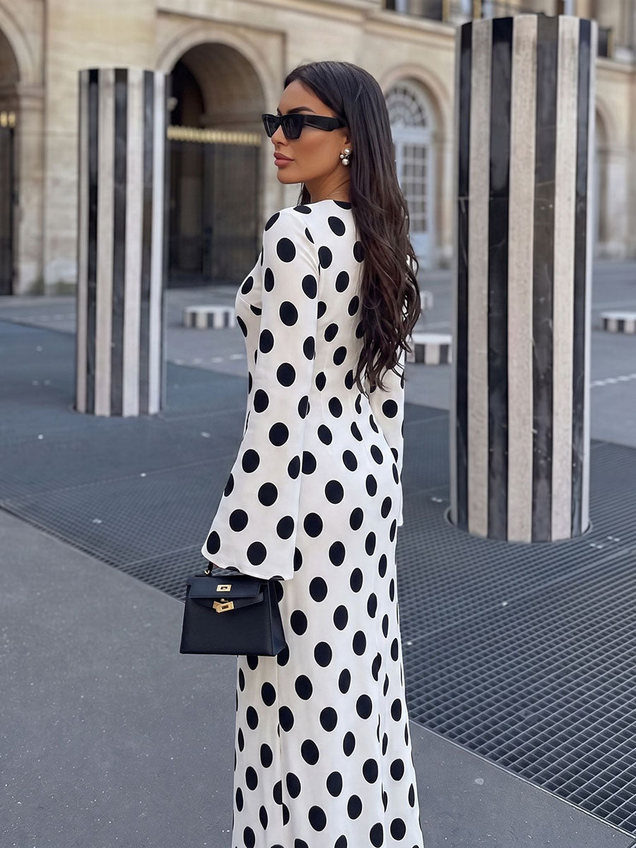 Polka Dot Contrast Color Loose Long Sleeves Round-neck Maxi Dresses