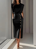 Women's Elegant High-Waist Sleeveless Maxi Dress - Professional Side Button Slit Work Dress - Quiet Luxury Chic Mid-Calf Dress