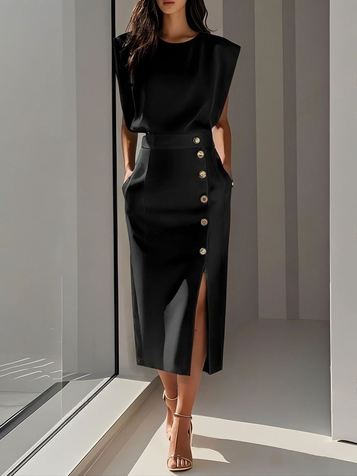 Women's Elegant High-Waist Sleeveless Maxi Dress - Professional Side Button Slit Work Dress - Quiet Luxury Chic Mid-Calf Dress