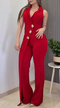 Women's Collared Button Irregular Faux Two-Piece Jumpsuit