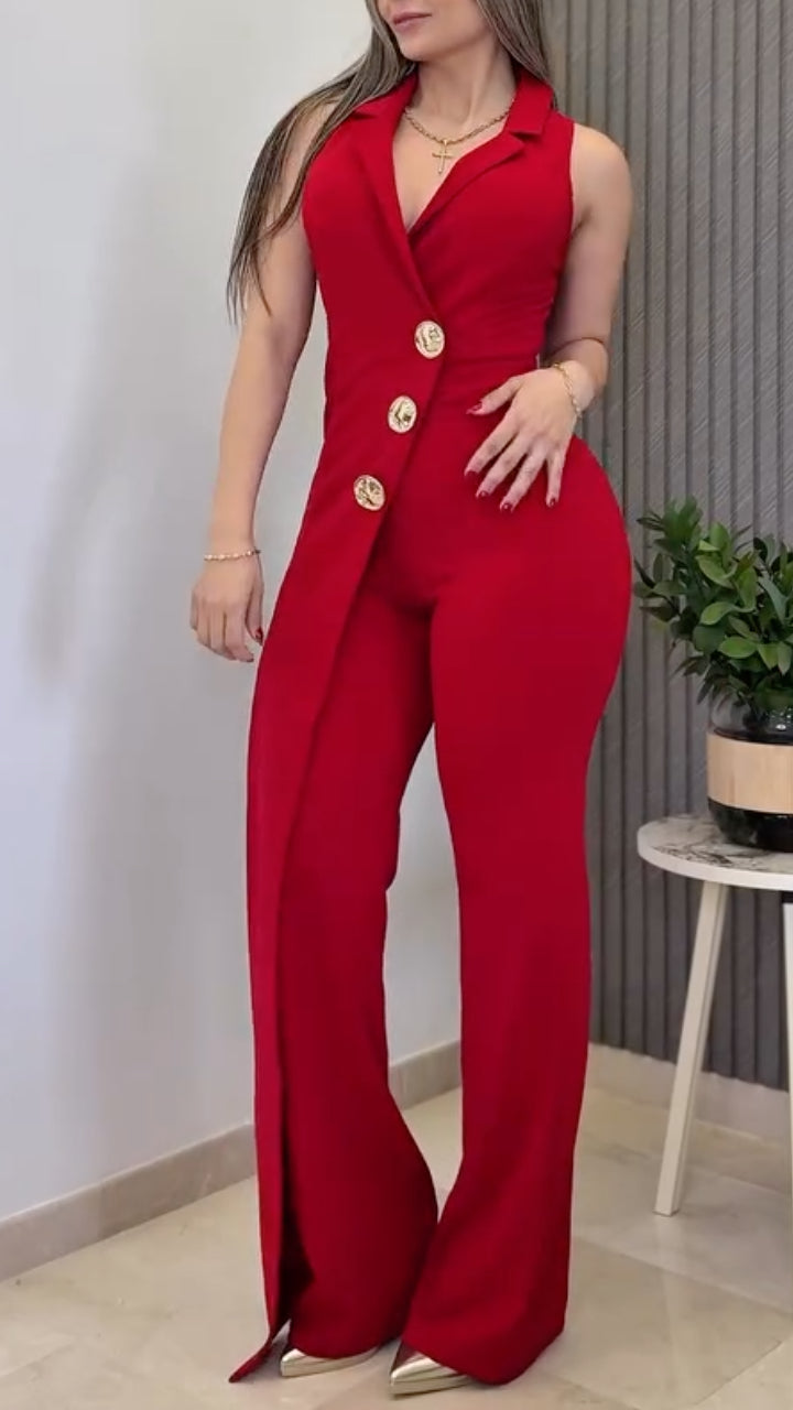 Women's Collared Button Irregular Faux Two-Piece Jumpsuit