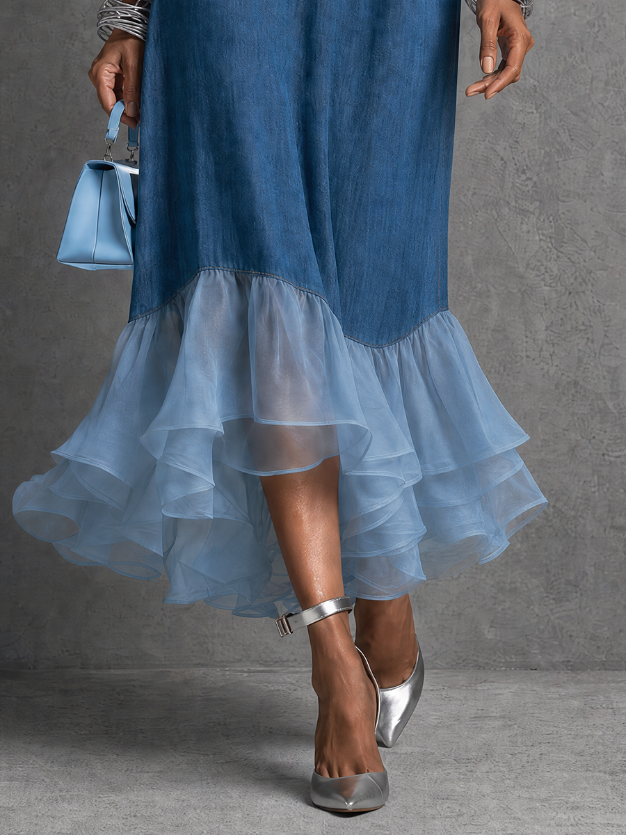 Vacation-to-Dinner Sleeveless Denim Tulle Midi Dress