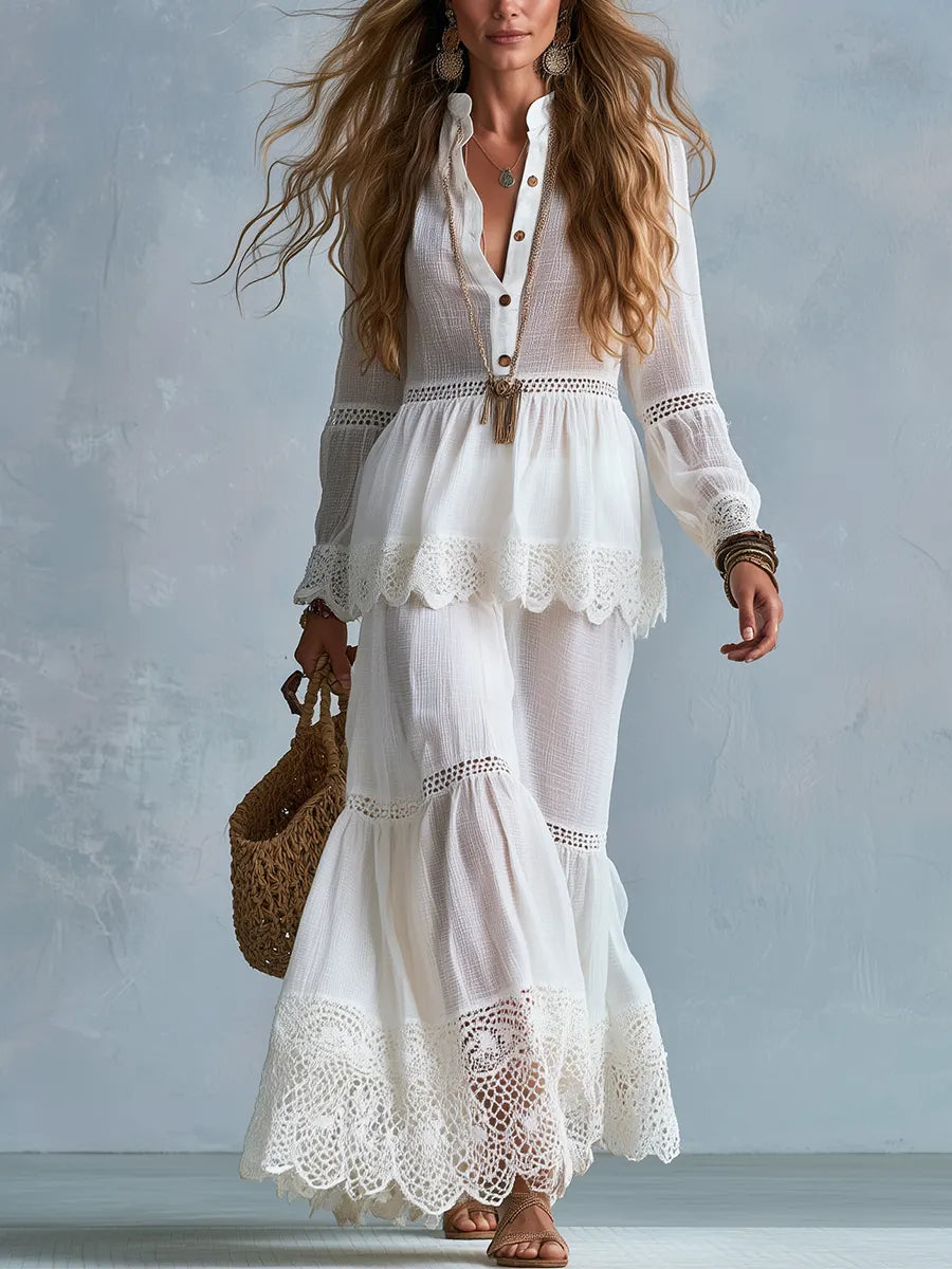 Bohemian Lace Stand-up Collar Shirt And Skirt Set