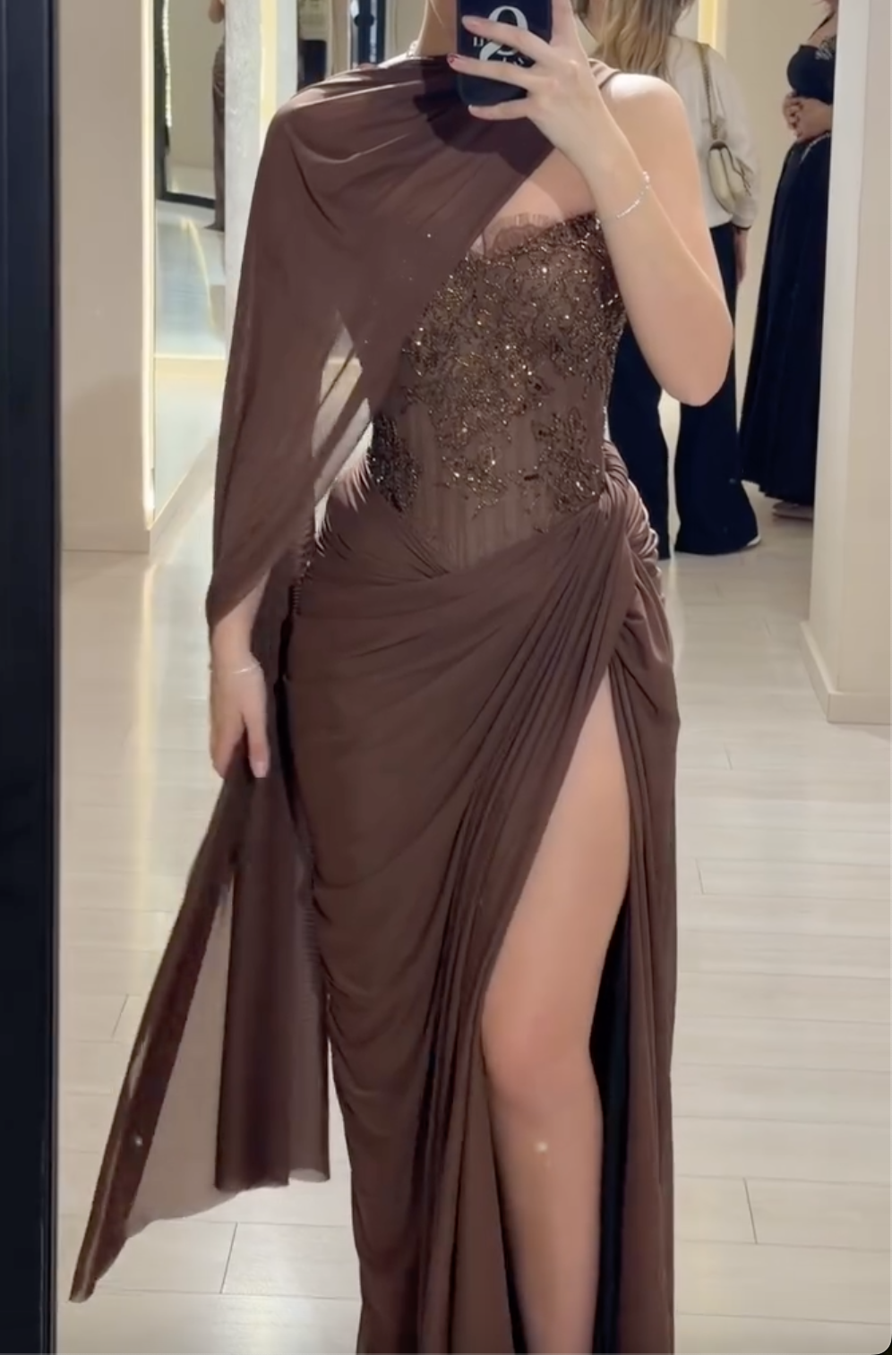 Chocolate Brown One-Shoulder Maxi Dress with Sheer Beaded Corset & High Slit