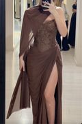 Chocolate Brown One-Shoulder Maxi Dress with Sheer Beaded Corset & High Slit