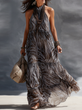 Bohemian Grey Zebra Print Halter Chiffon Maxi Dress