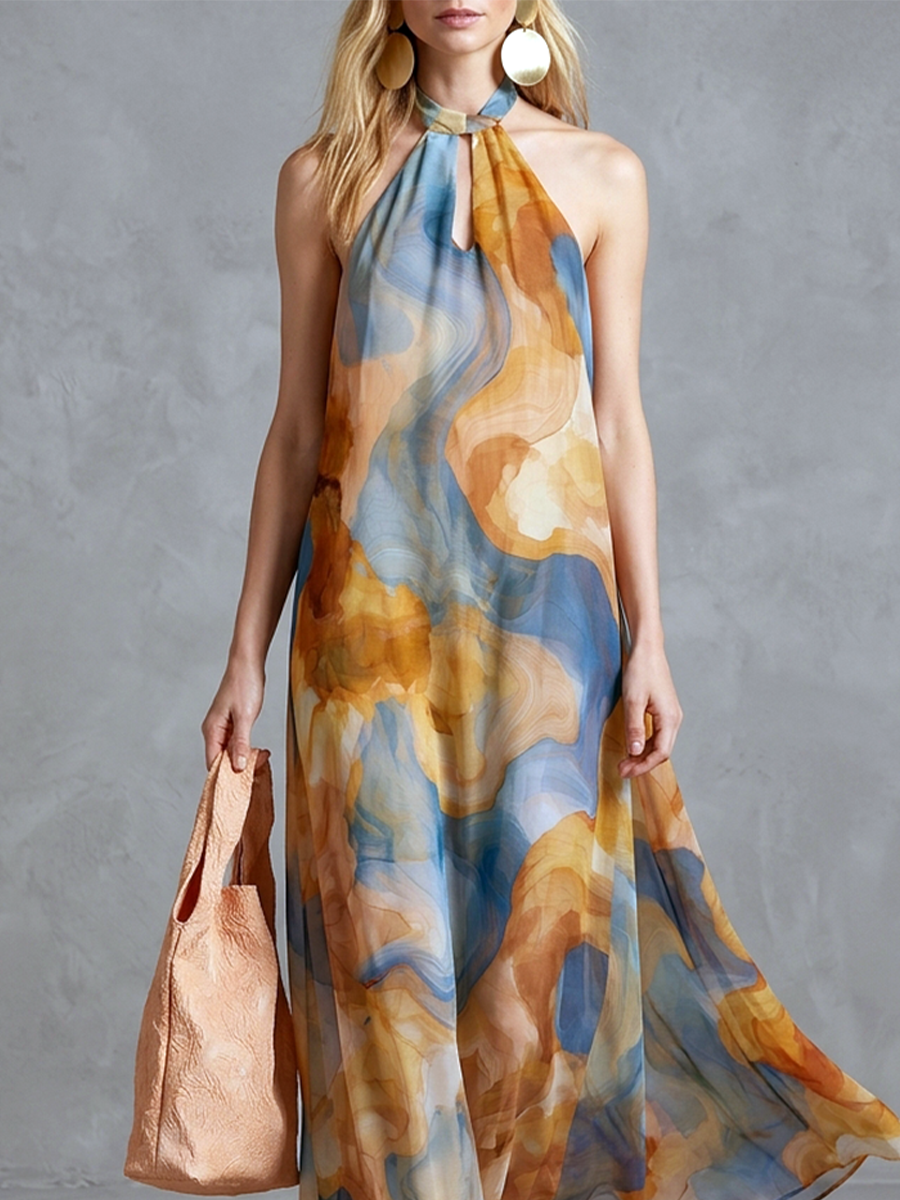 Bohemian Style Watercolor Print Backless Halter Neck Maxi Dress