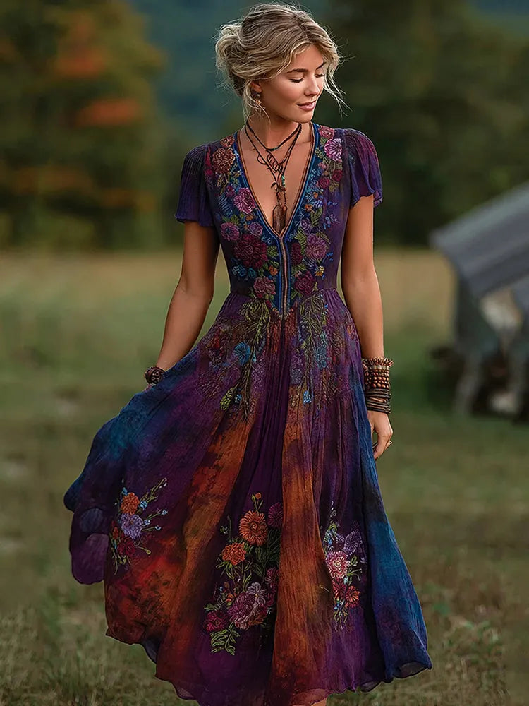 Vintage Lavender And Floral Embroidered Art Linen V Neck Maxi Dress