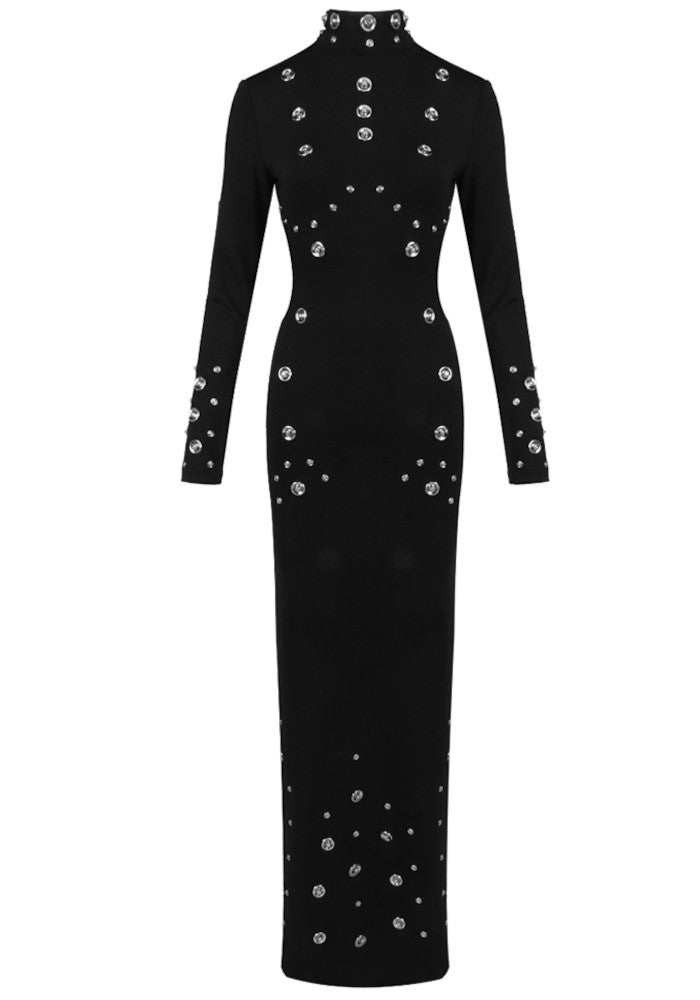 Long Sleeve Studded Maxi Dress Black