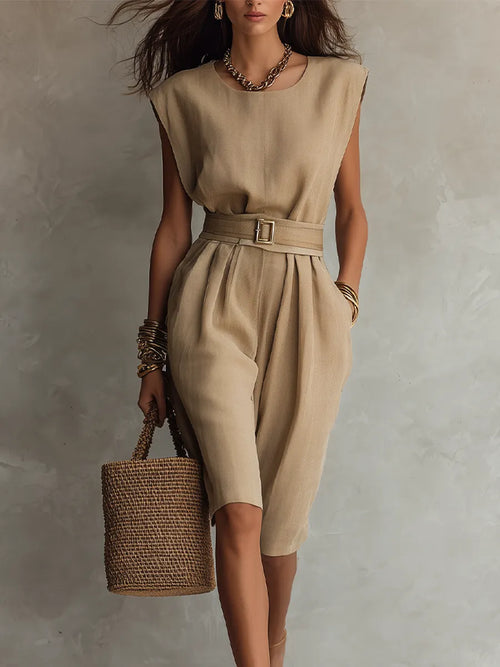 Belted Sleeveless Linen Bermuda Jumpsuit
