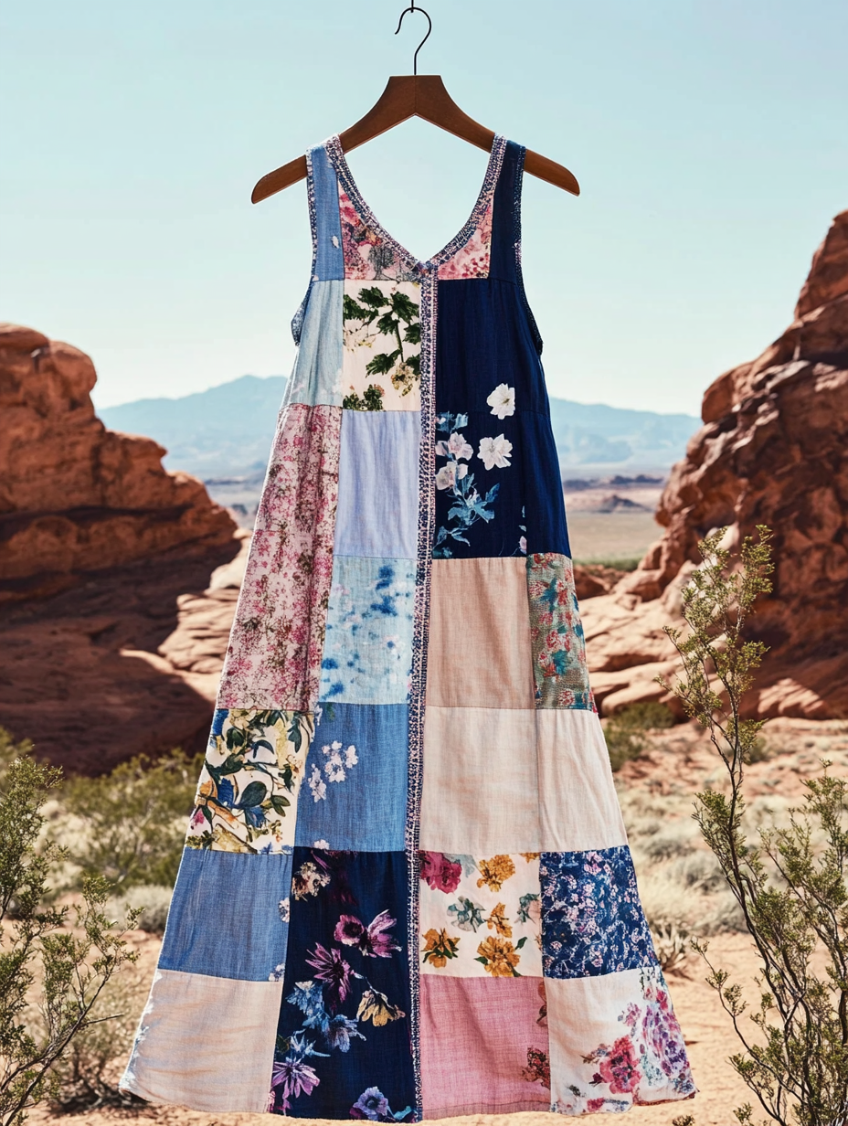 Women's Bohemian Floral Patchwork Art Vintage Linen Tank Dress 8ba1