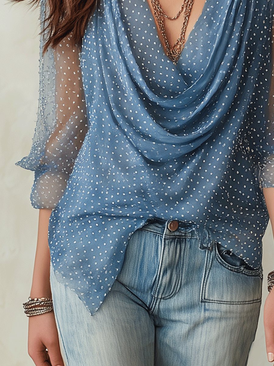 Effortless Chic Chiffon Polka-Dot Cowl-Neck Dusty Blue Blouse