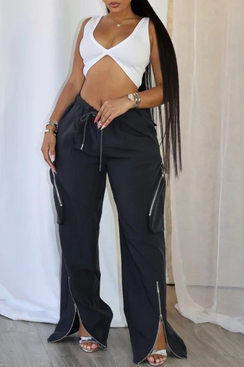 Drawstring Cargo Pants with Zipper Details